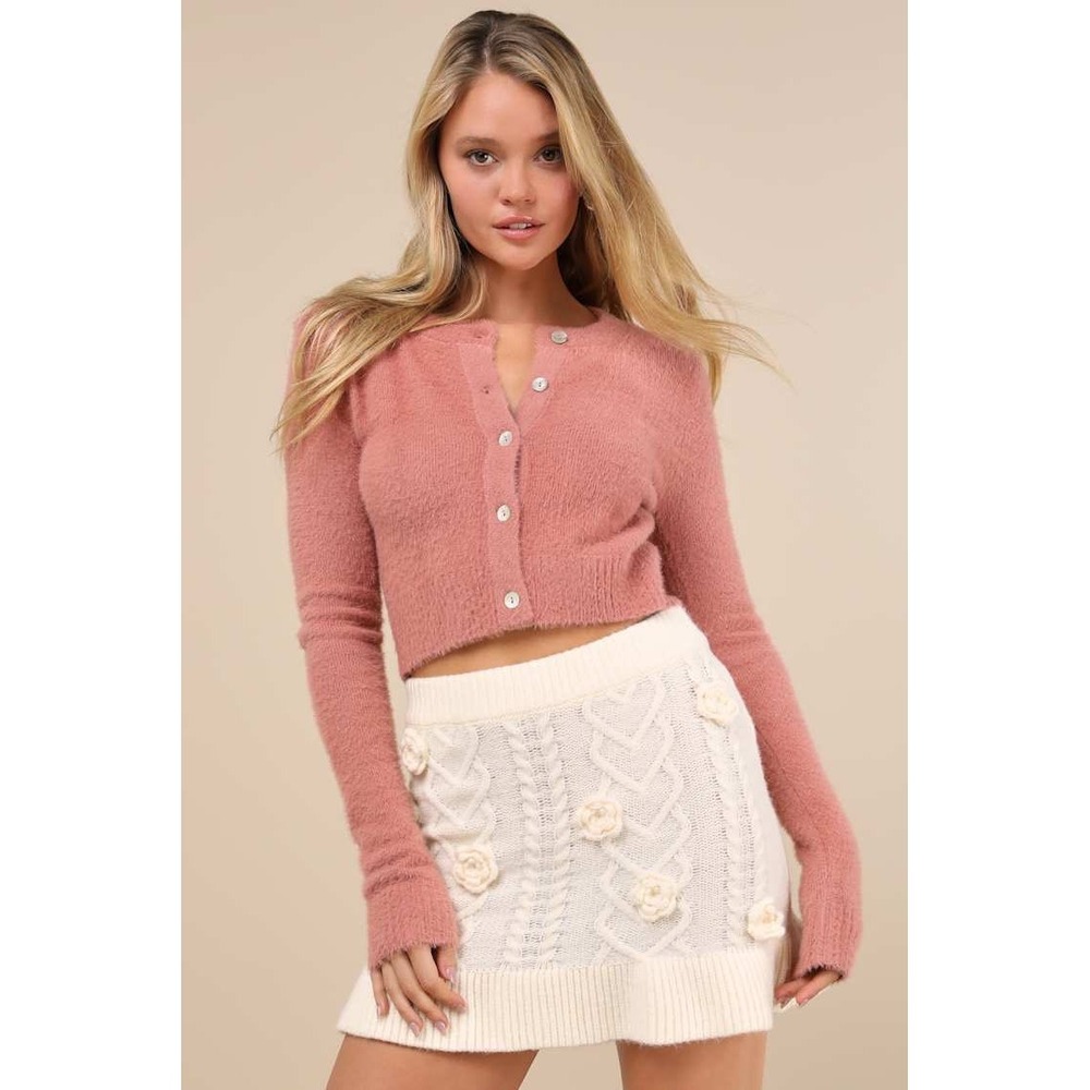 Jacquie the Label Butter Yellow Floral Cable Knit Mini Skirt L